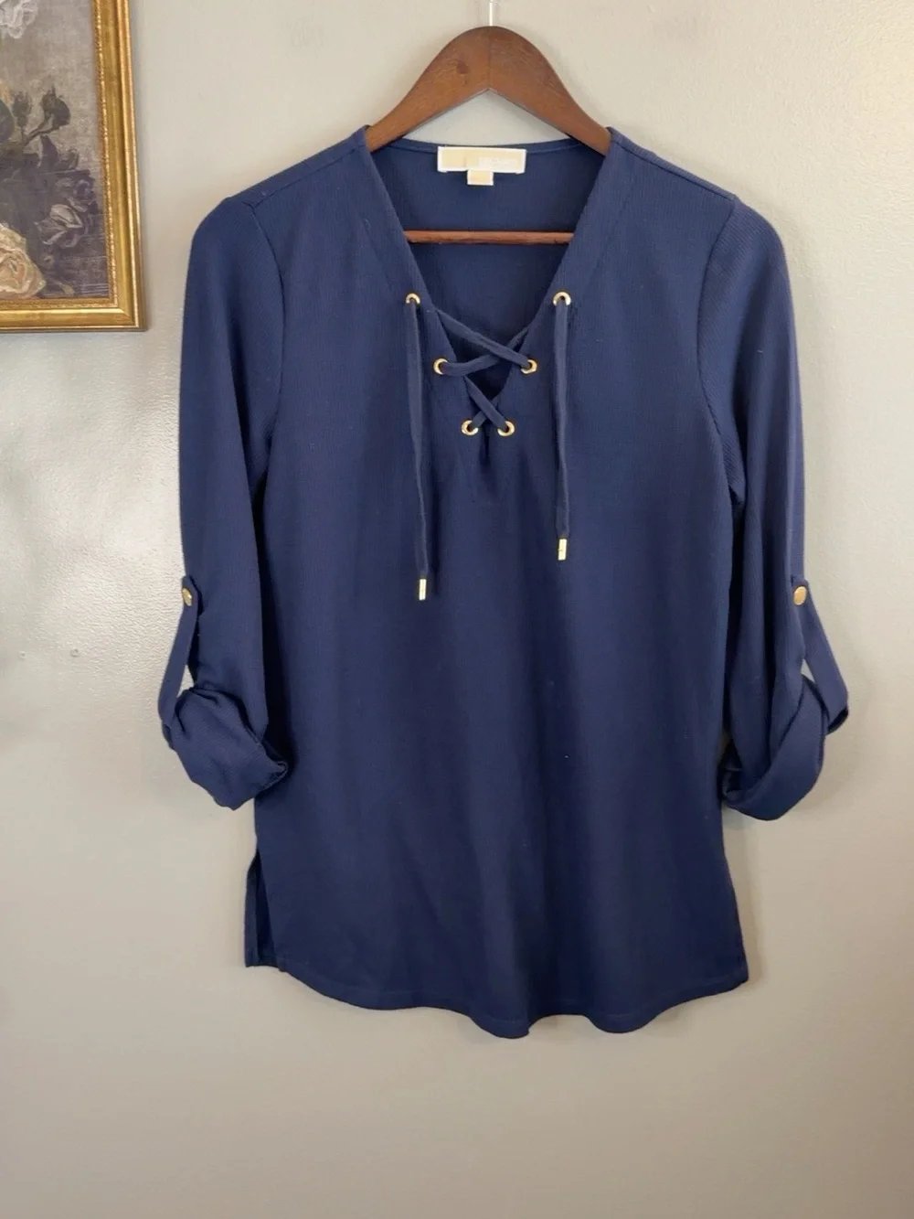 Michael Michael Kors Small Navy Lace Up Roll Tab Sleeve Top Gold Hardware